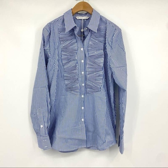 Trina Turk Tops - TRINA TURK Blue & White Striped Seersucker Button Down Top Shirt Ruffle Detail S